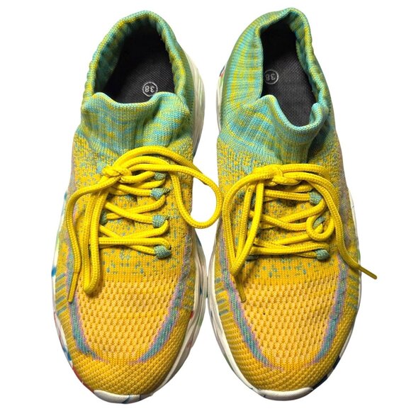 Yellow Teal Speckled Sole Knit Lace Up Slip On Sock Athletic Sneakers Size 38 - Picture 3 of 7